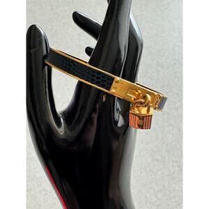 Hermes Kelly Padlock Blue Exotic Leather and Gold Plated‎ Bangle Bracelet 7.5"